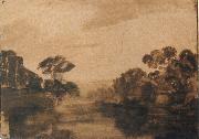 River with Trees on its Embankment at Dusk Rembrandt
